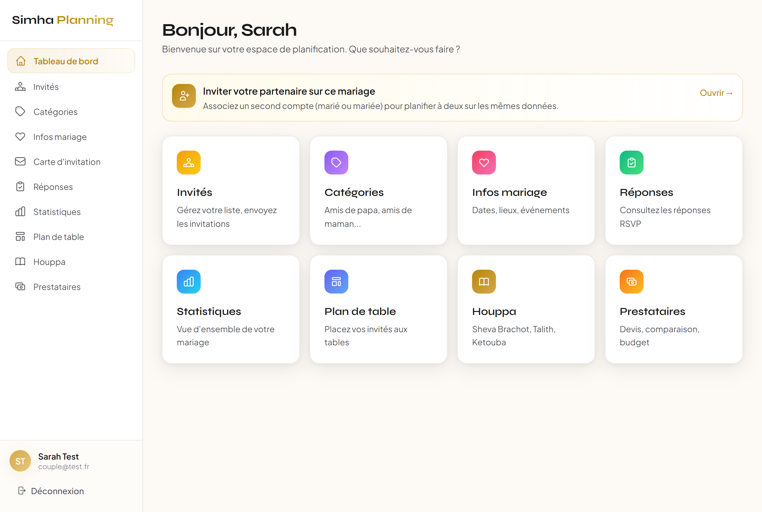 Tableau de bord Simha Planning